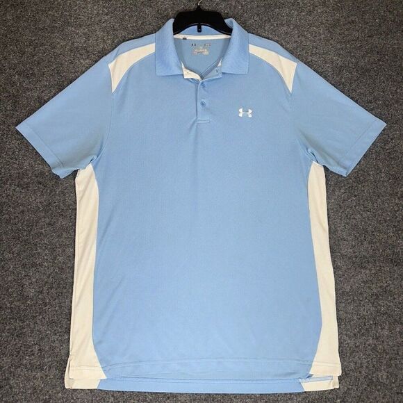 Under Armour Polo Shirt Men Large Carolina Blue Loose Heatgear Golf Short Sleeve - Picture 1 of 8